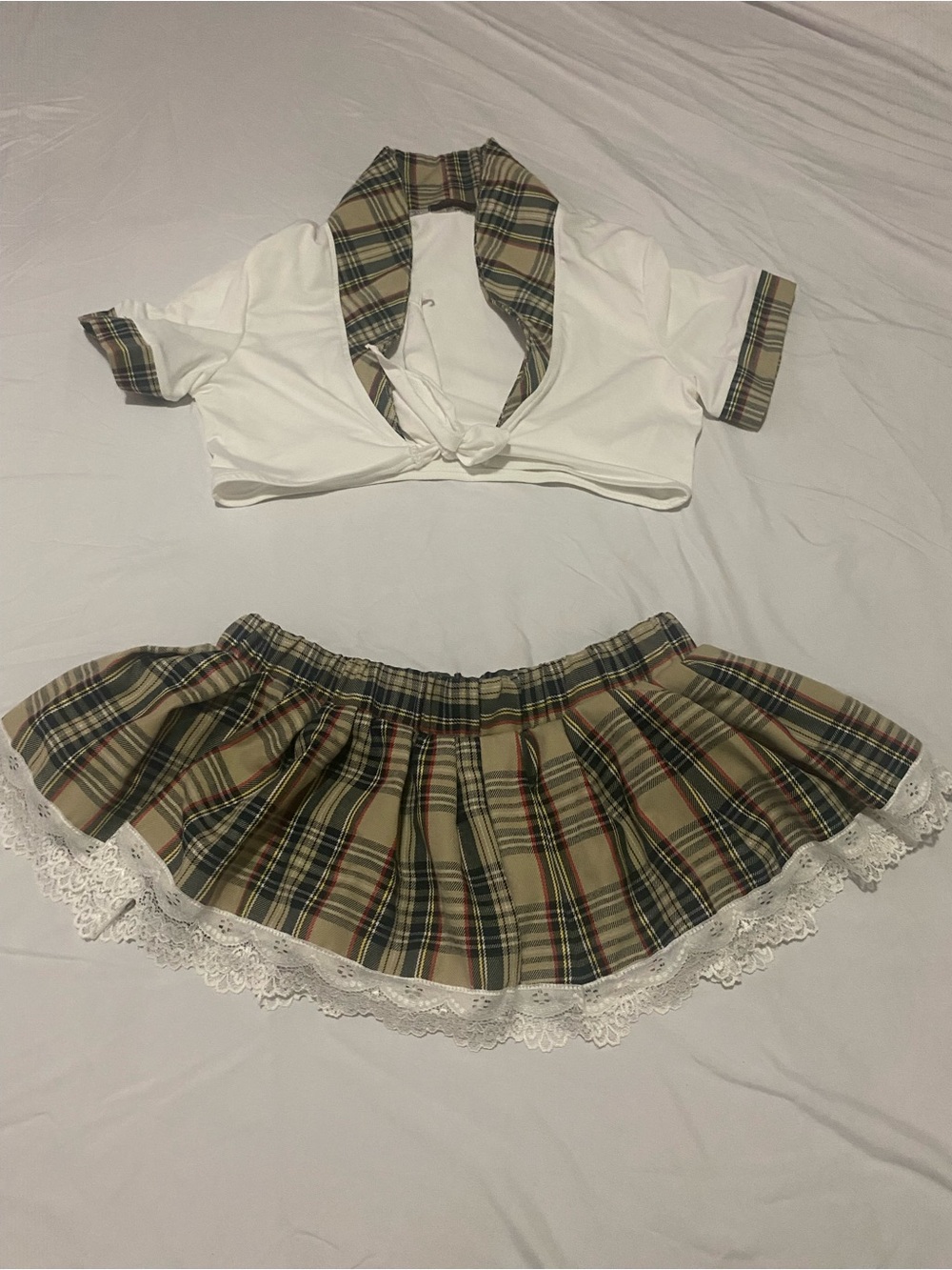 SCHOOL GIRL Plaid Mini Skirt with Lace Trim - Beige Plaid